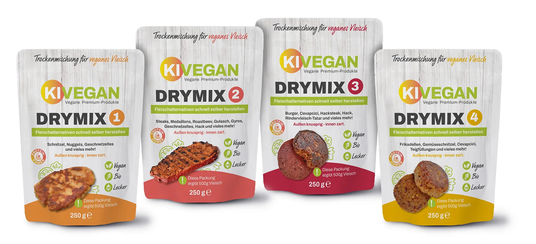 Übersicht der vier KIVEGAN DRYMIX Trockenmischungen 1 bis 4 für veganes Vleisch – Beutel je 250 g, vegan, bio und lecker