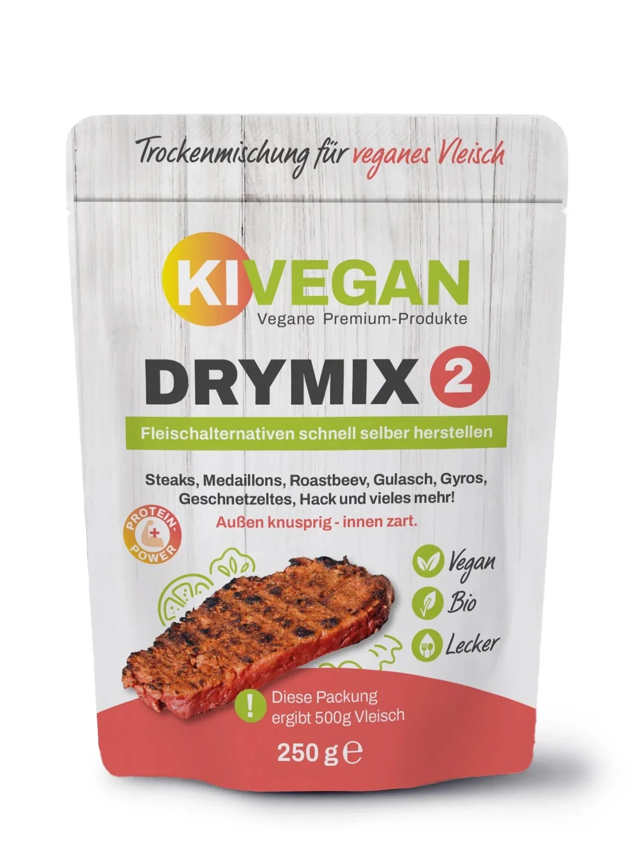 KIVEGAN DRYMIX 2 – vegane Bio-Fertigmischung für Fleischalternativen, Verpackung Vorderseite