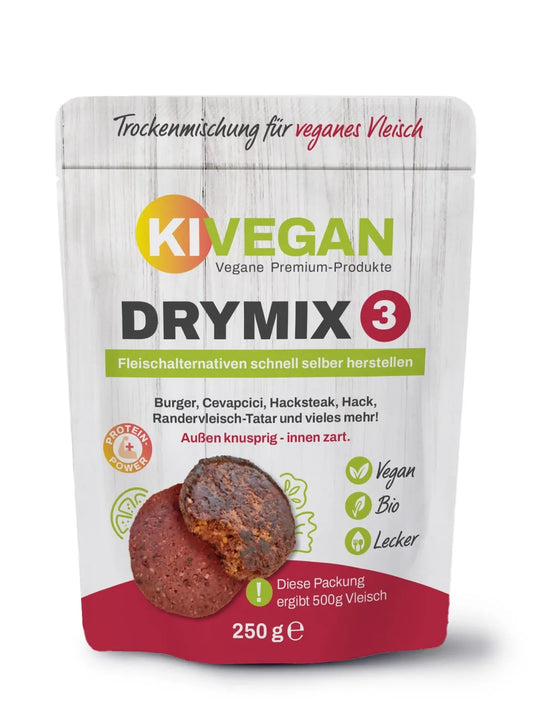 KIVEGAN DRYMIX 3 – vegane Bio-Fertigmischung für Fleischalternativen, Verpackung Vorderseite
