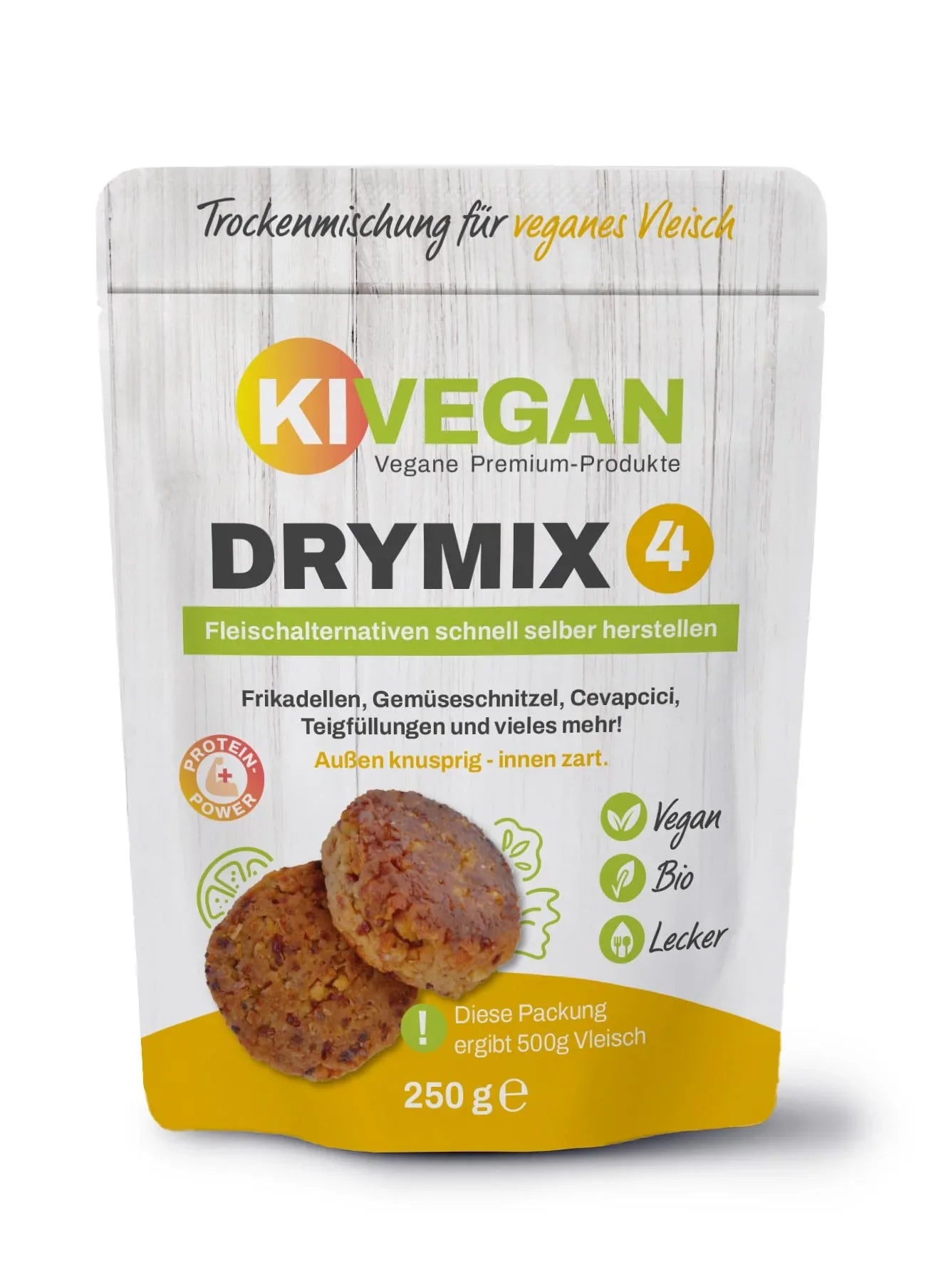 KIVEGAN DRYMIX 4 – vegane Bio-Fertigmischung für Fleischalternativen, Verpackung Vorderseite