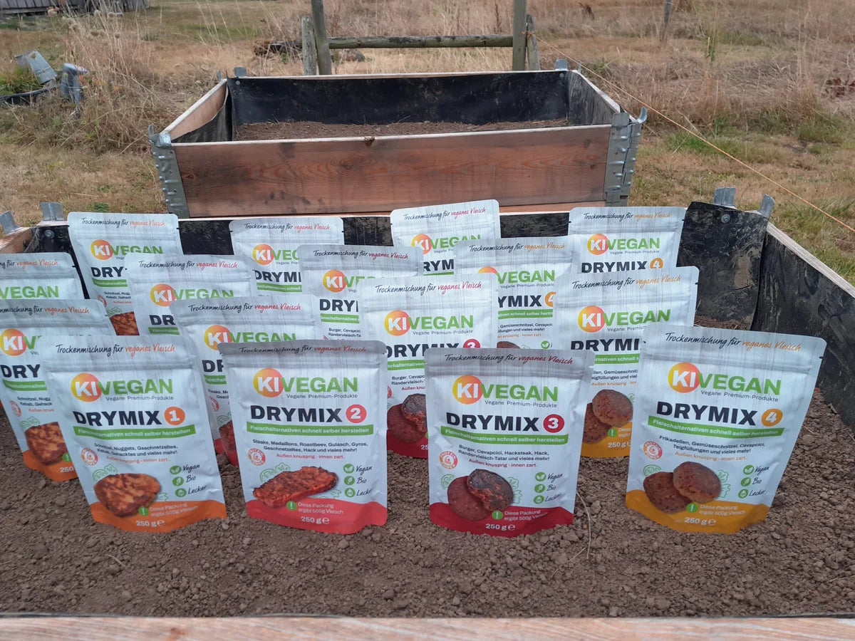 KIVEGAN DRYMIX Beutel im Hochbeet werden mit 250 ml Wasser gegossen – die vegane Fleischalternative, die im Beutel wächst