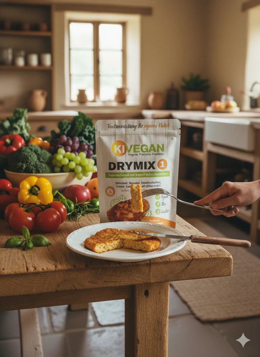 KIVEGAN DRYMIX 1 Beutel auf rustikalem Holztisch mit frischem Gemüse, veganes Schnitzel auf dem Teller