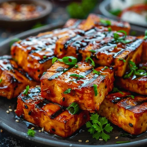 Gegrilltes mariniertes veganes Vleisch in Würfeln auf einem Teller